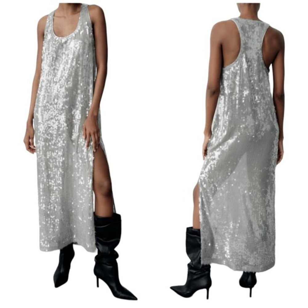 Zara Metallic Sheer Silver Sequin Racerback Relaxed Fit Maxi Evening Dress